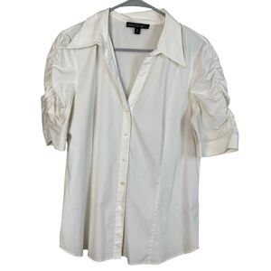 Lafayette 148 New York White Button Down Shirt with Ruched Puff Sleeves